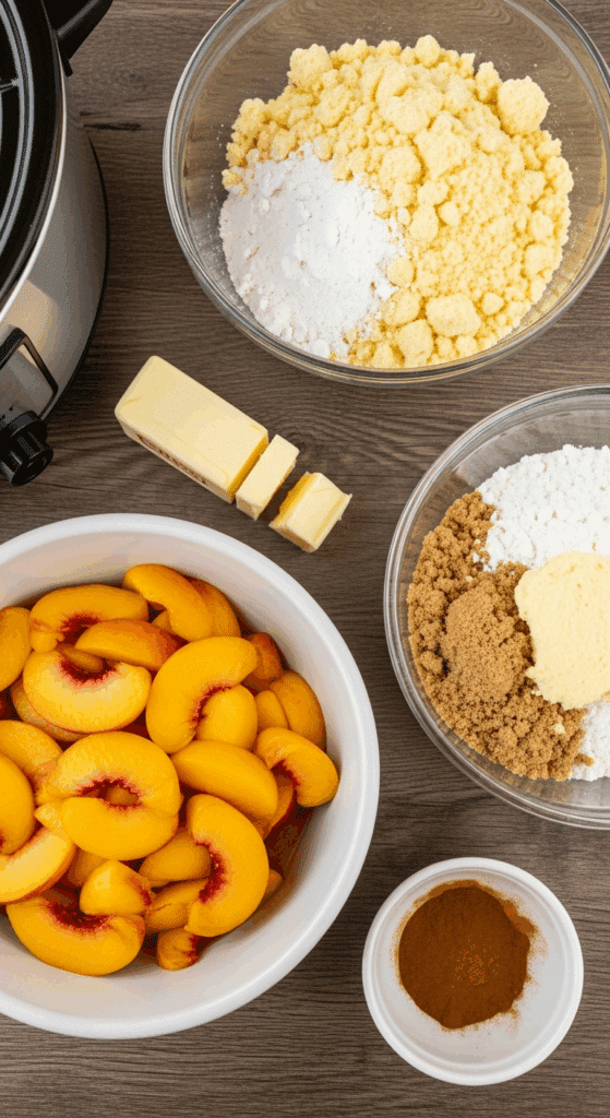 Overhead view of ingredients for slow-cooker peach cobbler: peaches, cake mix, butter pats, brown sugar, and cinnamon on a wooden counter near a slow cooker.