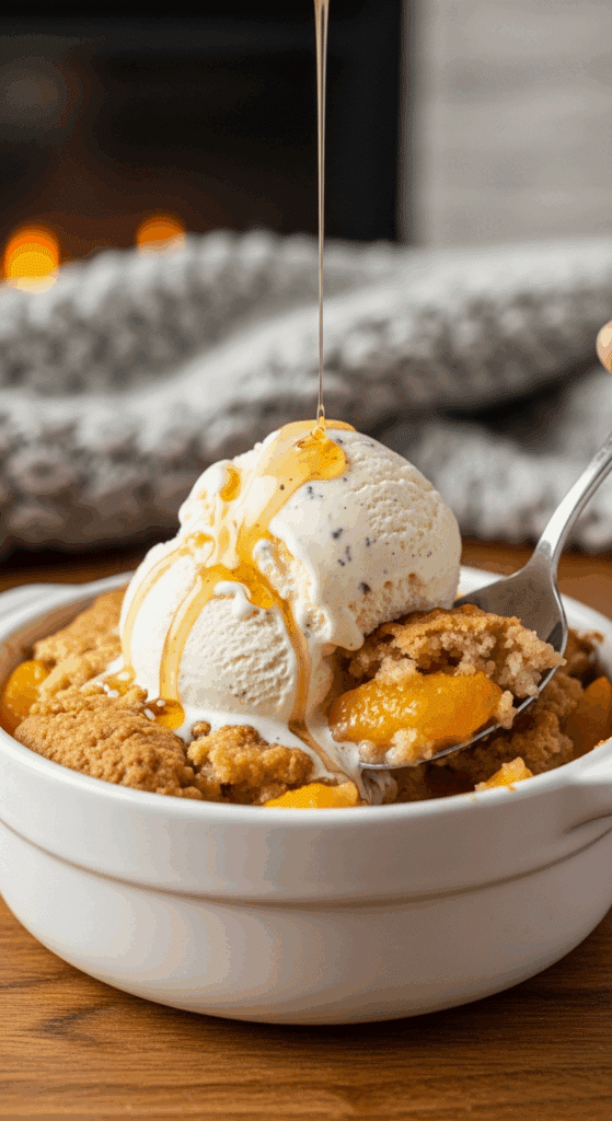 A bowl of warm slow-cooker peach cobbler topped with a melting scoop of vanilla ice cream, served in a cozy setting with a spoon lifting a bite.