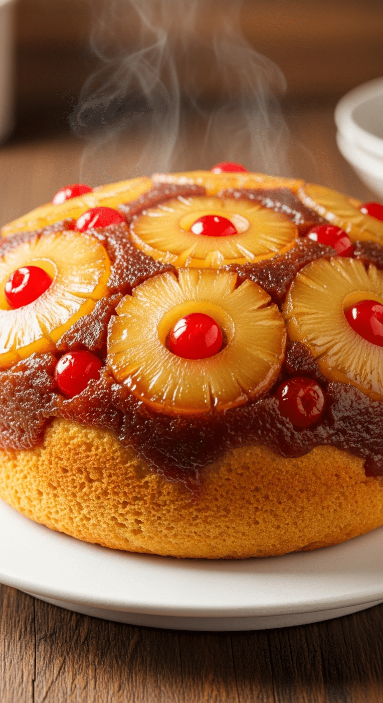 A whole, inverted slow-cooker pineapple upside-down cake on a stand, topped with caramelized pineapple rings and cherries, glistening with a sticky glaze.