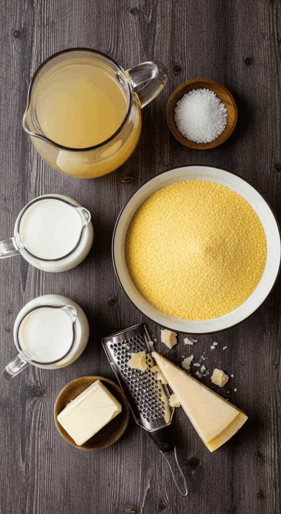 Overhead view of ingredients for polenta: coarse yellow cornmeal, broth, milk, butter, and parmesan cheese arranged on a wooden table.