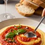 A bowl of creamy polenta topped with tomato sauce and basil, served with red wine and bread in a cozy dinner setting.