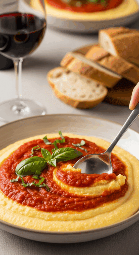 A bowl of creamy polenta topped with tomato sauce and basil, served with red wine and bread in a cozy dinner setting.