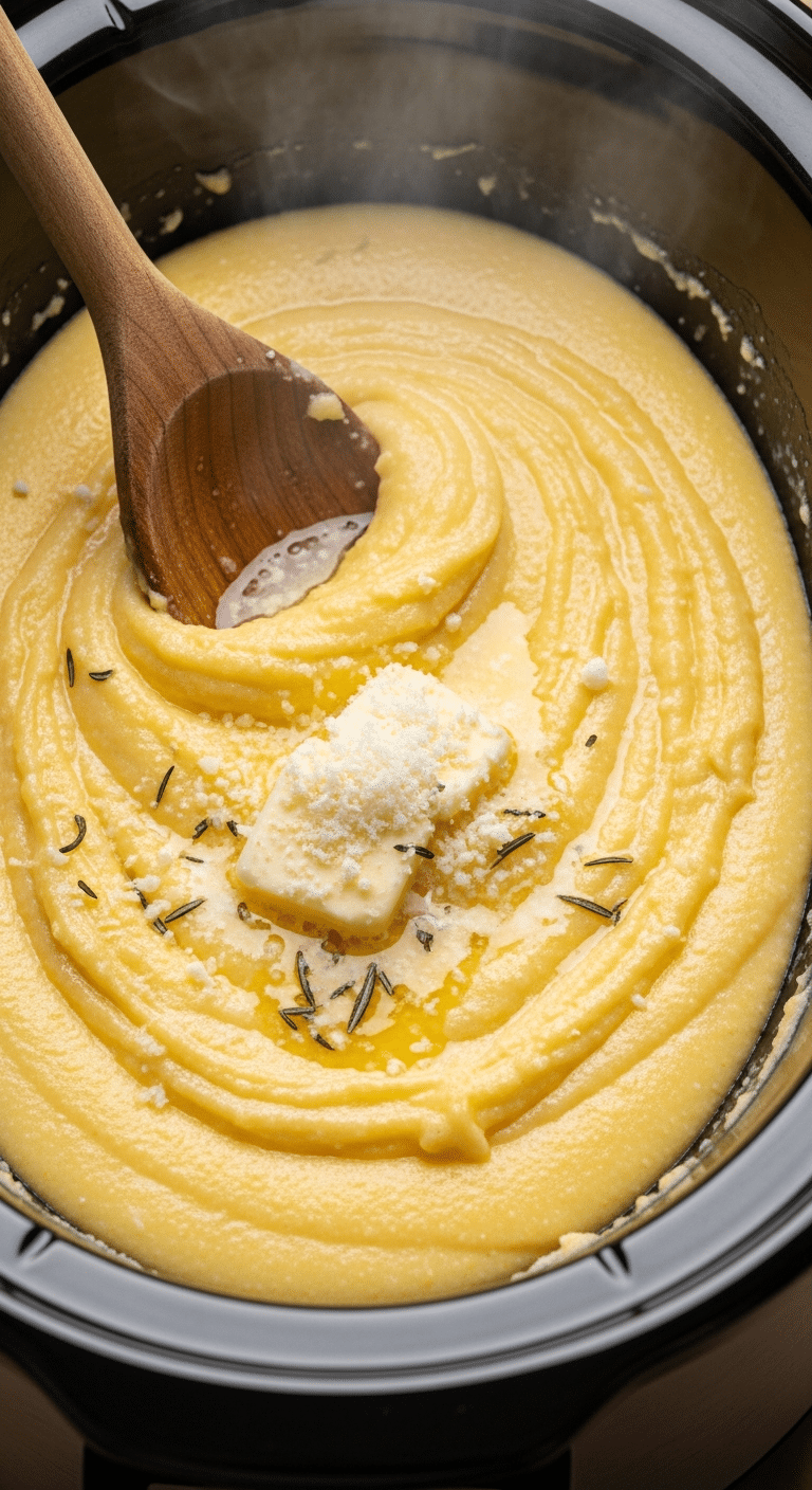 A close-up view inside a slow cooker filled with creamy yellow polenta, being stirred with a wooden spoon, topped with melting butter and parmesan.