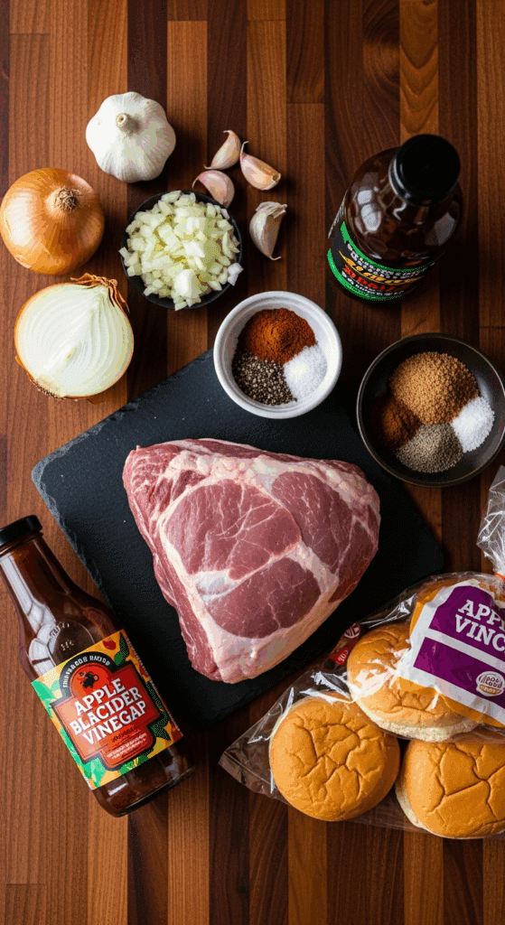 Overhead view of ingredients for pulled pork: raw pork shoulder, dry rub spices, onions, BBQ sauce, vinegar, and buns on a butcher block.