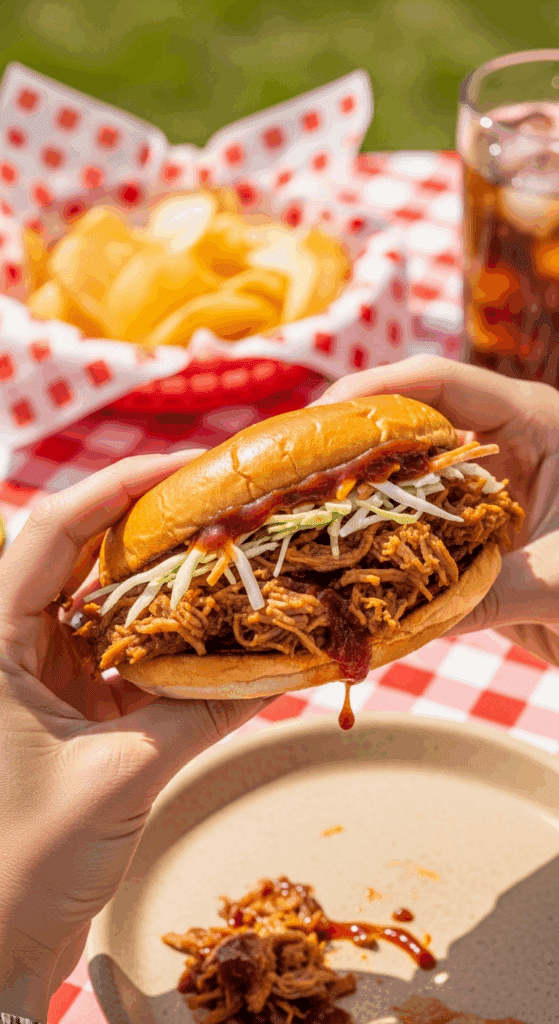 Hands holding a messy pulled pork sandwich at a backyard BBQ, with potato chips and a cold drink in the background.