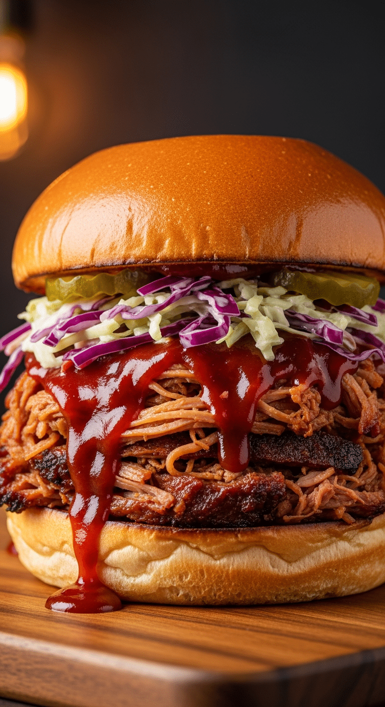 A close-up of a large pulled pork sandwich on a brioche bun, topped with coleslaw and pickles, with BBQ sauce dripping onto a wooden board.
