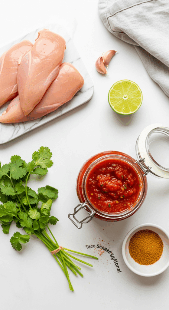 Overhead view of ingredients for salsa chicken: raw chicken breasts, a jar of salsa, lime, cilantro, and spices on a white counter.