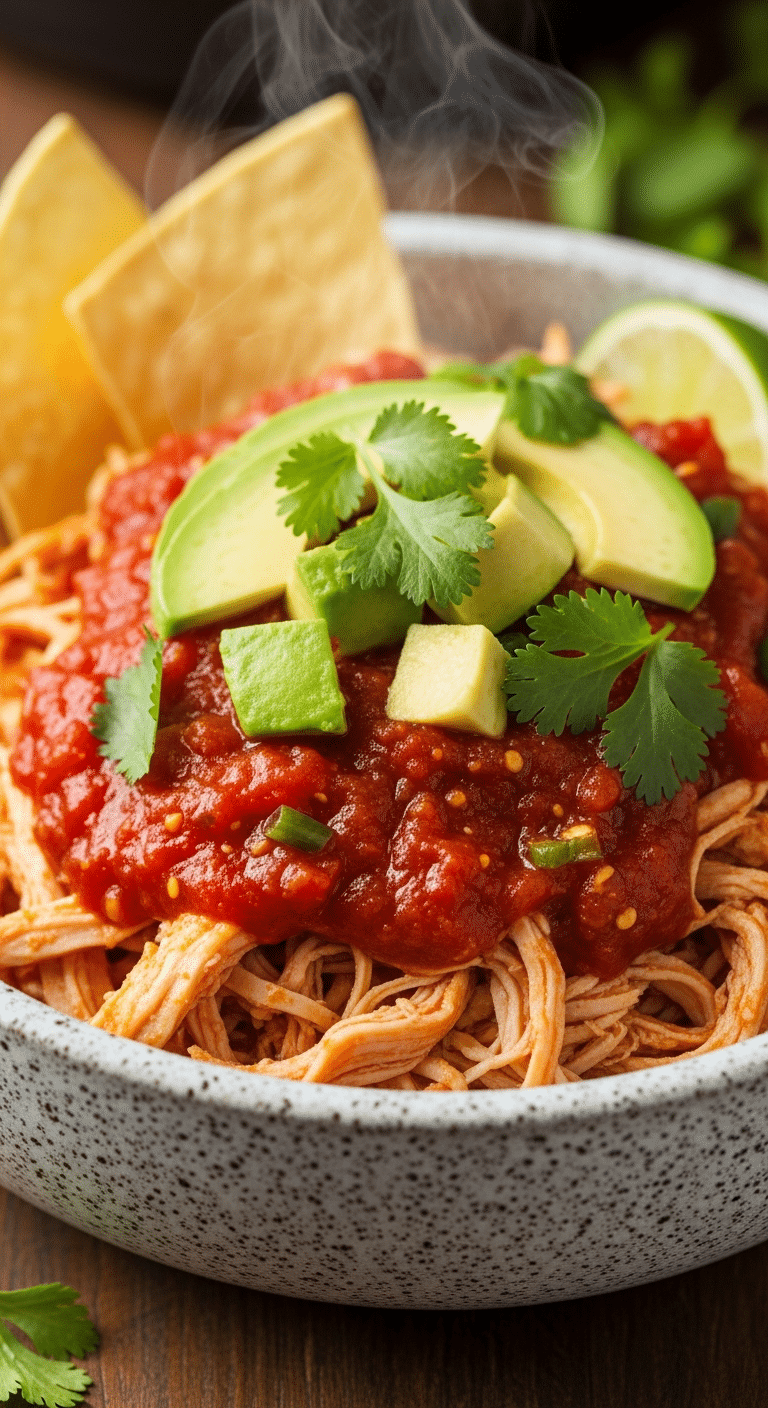 A close-up photograph of shredded salsa chicken in a stoneware bowl, garnished with avocado and cilantro, served with tortilla chips.