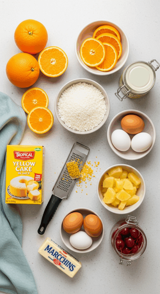 Overhead view of ingredients for tropical orange cake: fresh oranges, shredded coconut, cake mix, pineapple, cherries, and butter arranged on a counter.