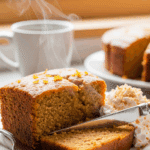 A thick slice of warm, moist tropical orange cake on a plate with a fork, served with a dollop of whipped cream and toasted coconut.