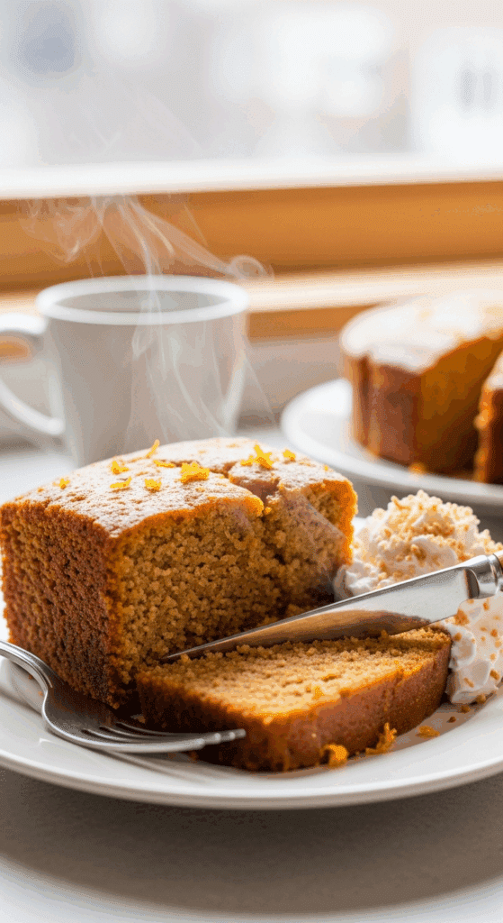 A thick slice of warm, moist tropical orange cake on a plate with a fork, served with a dollop of whipped cream and toasted coconut.