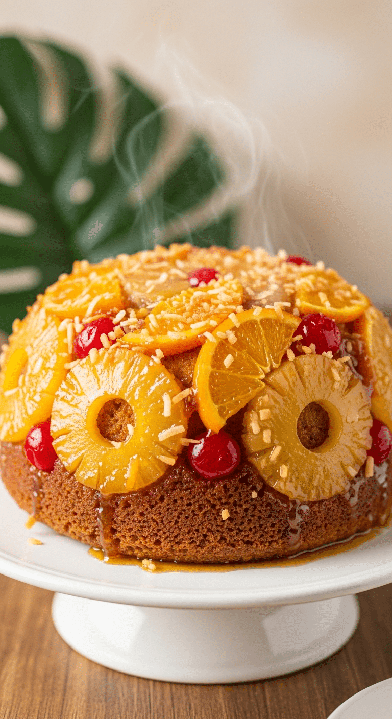 A whole, moist slow-cooker tropical orange cake on a stand, topped with caramelized orange slices, pineapple, coconut, and cherries, glistening with glaze.