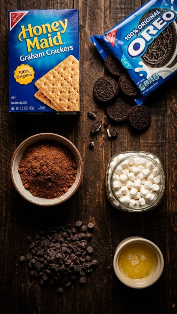 Flat lay of ingredients for s'mores brownies including Oreos, marshmallows, and graham crackers.