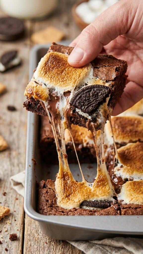 Close-up of a s'mores brownie being pulled apart with stretchy melted marshmallow.