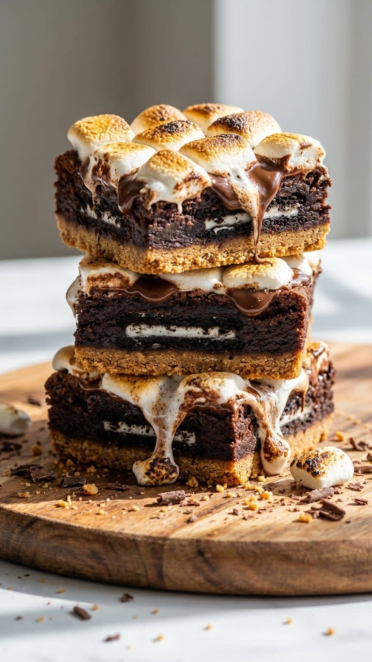 A stack of Oreo s'mores brownies showing graham crust, brownie, Oreo layer, and toasted marshmallow topping.