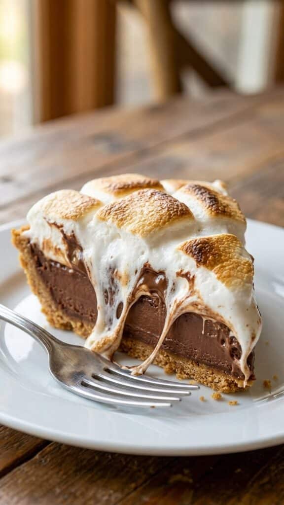 Close-up of a slice of s'mores pie with gooey toasted marshmallows on top.