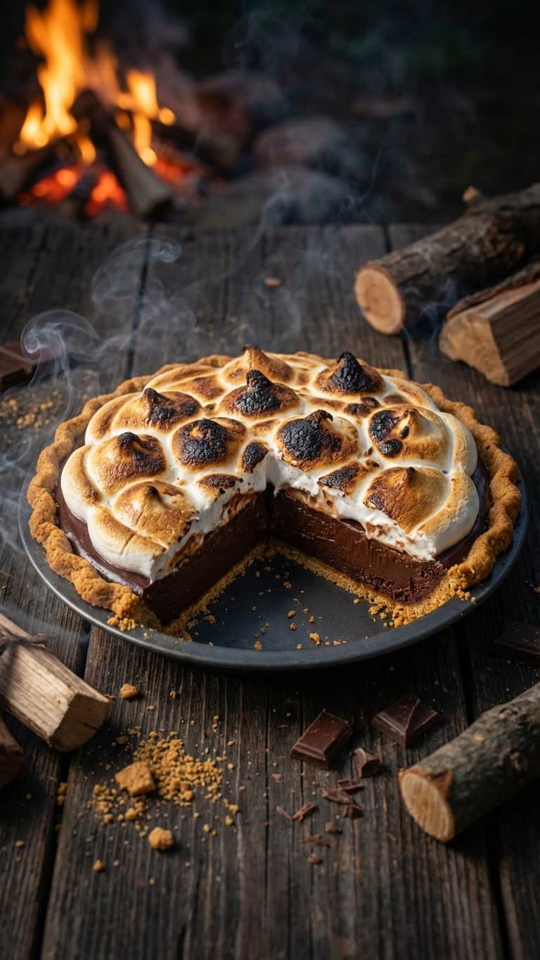A whole S'mores pie with a slice missing, showing the thick chocolate ganache filling and toasted marshmallow topping