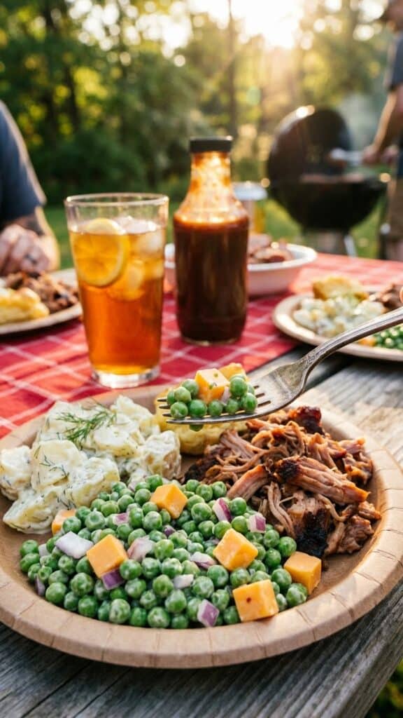 A serving of green pea salad on a picnic plate next to BBQ pork and iced tea.