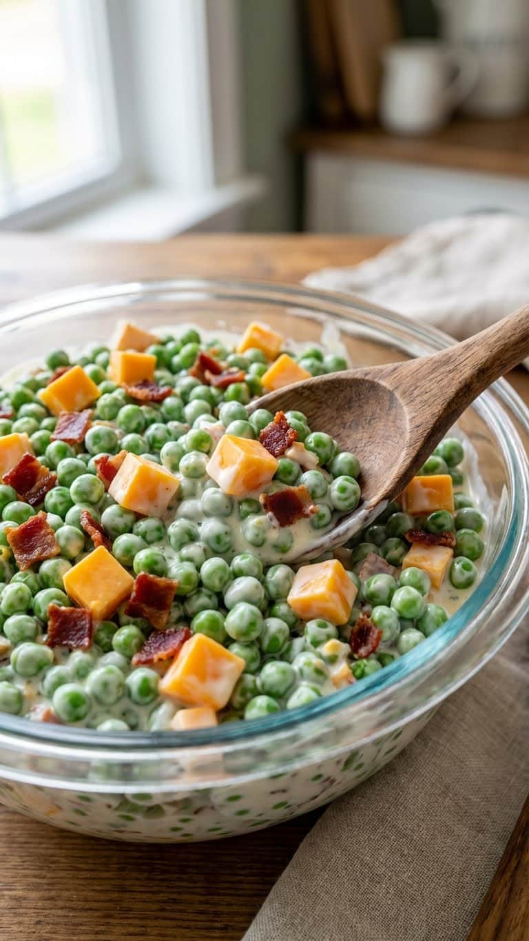 A close-up of creamy green pea salad with cubes of cheddar cheese and bacon bits.