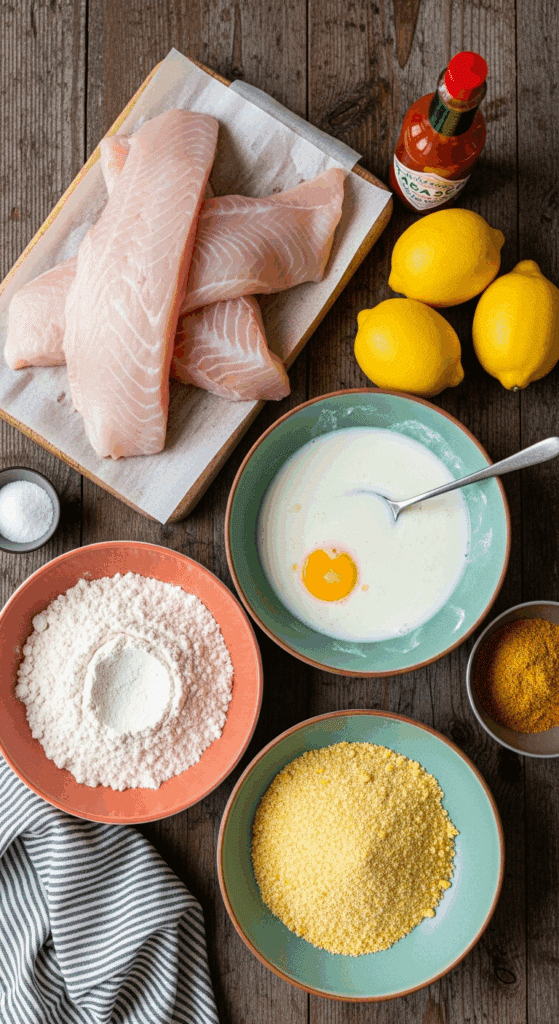 Overhead view of ingredients for oven-fried catfish: raw fish, bowls of flour, buttermilk wash, and spiced cornmeal, along with lemons and hot sauce.