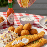 A plate of crispy oven-fried catfish served with coleslaw and hushpuppies, with a hand squeezing a lemon over the fish in a casual outdoor setting.