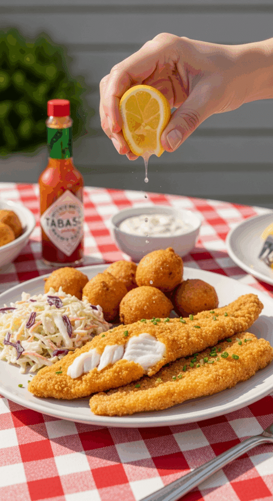 A plate of crispy oven-fried catfish served with coleslaw and hushpuppies, with a hand squeezing a lemon over the fish in a casual outdoor setting.