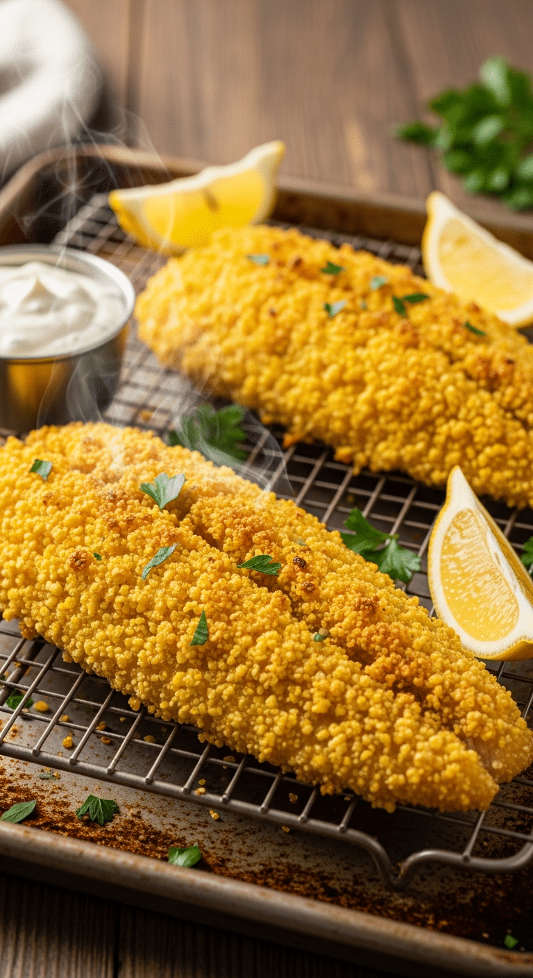 A close-up photograph of crispy, golden-brown cornmeal-crusted catfish filets on a wire rack, garnished with lemon and parsley, with tartar sauce on the side.