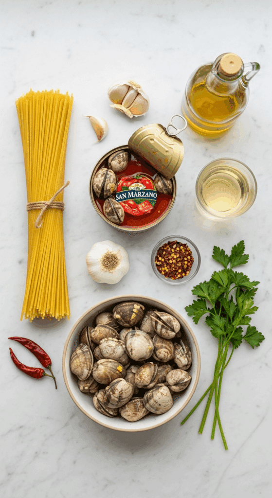 Overhead view of ingredients for red clam sauce pasta: dry spaghetti, fresh clams in shells, canned tomatoes, garlic, parsley, olive oil, and wine on a marble surface.