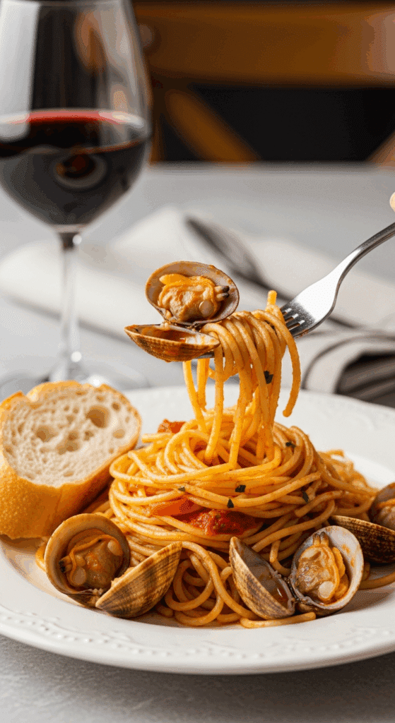 A plate of spaghetti with red clam sauce, with a fork twirling pasta and a clam, served next to a piece of crusty bread for dipping.
