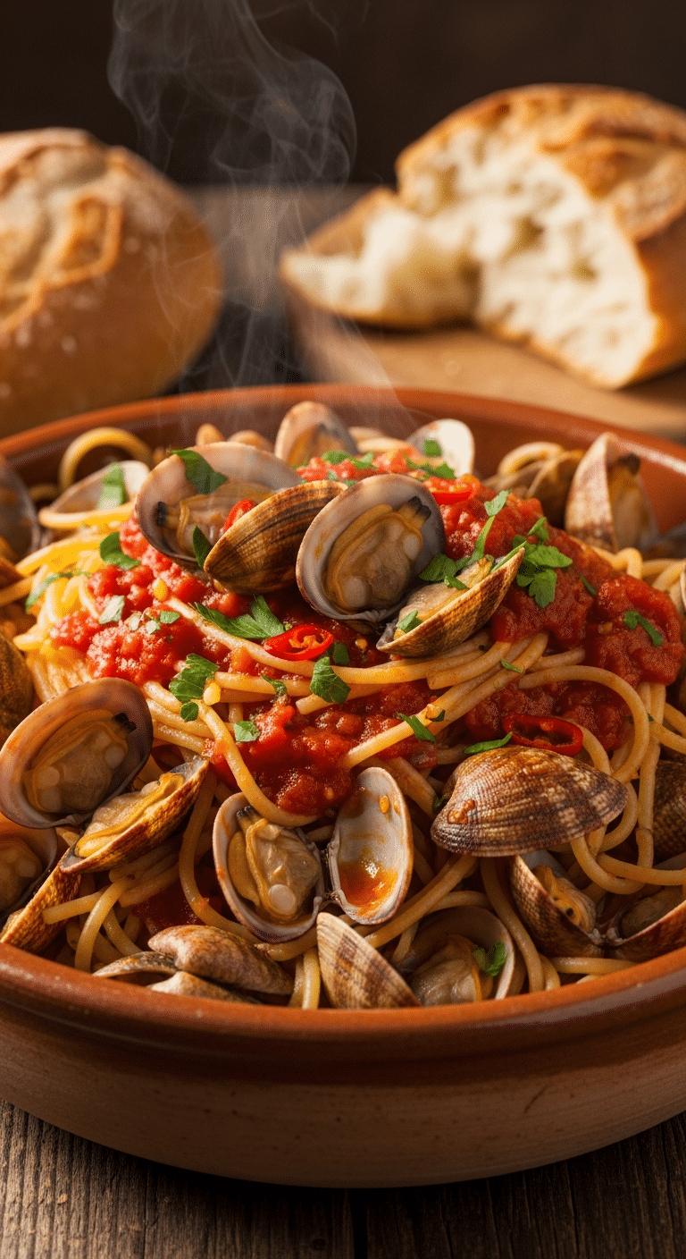 A large rustic bowl filled with spaghetti tossed in a rich red tomato sauce, packed with whole clams in their shells and garnished with fresh parsley.