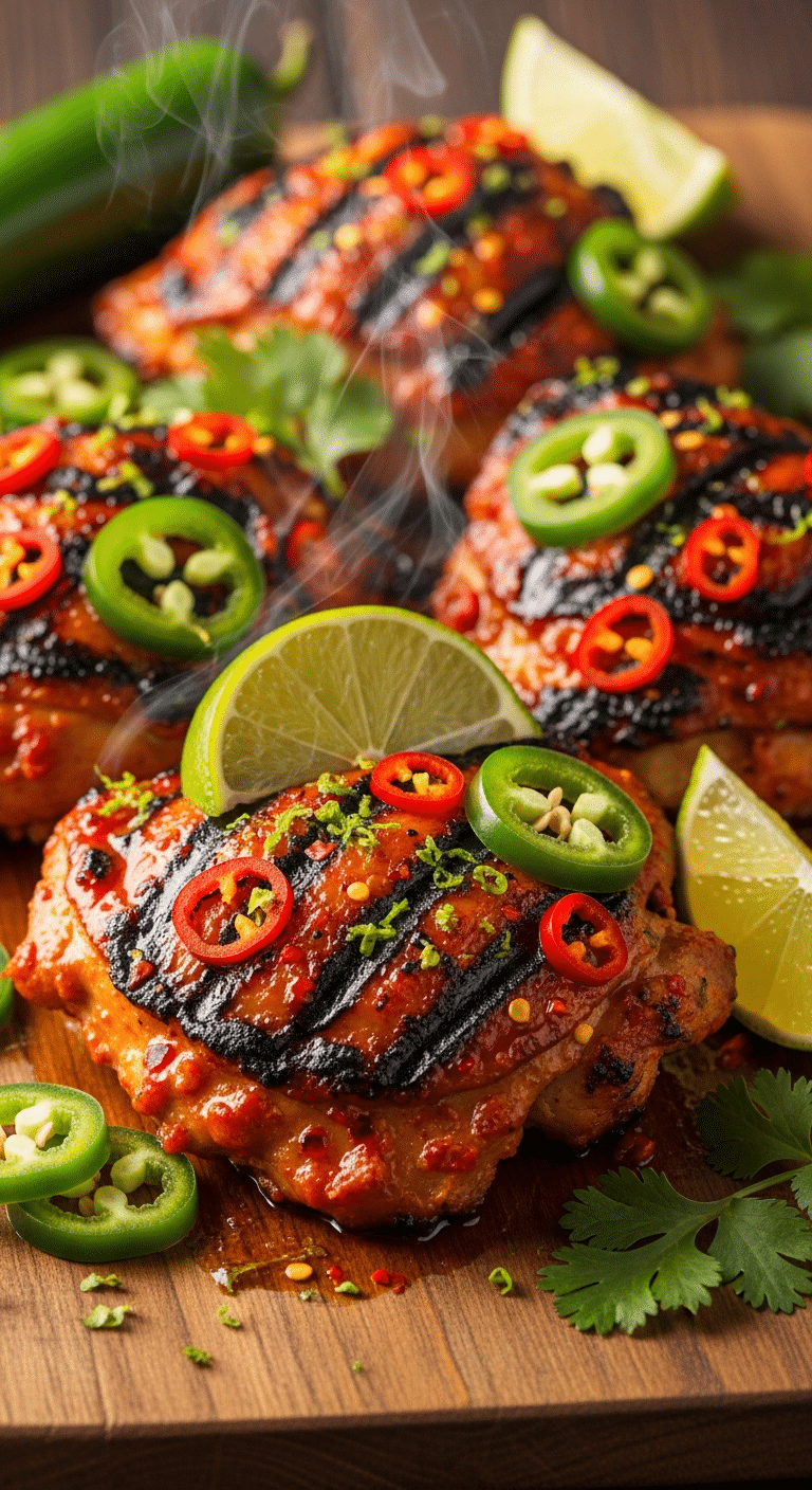A close-up photograph of grilled spicy lime chicken thighs on a wooden board, garnished with jalapeños, lime wedges, cilantro, and red chili flakes, with steam rising.