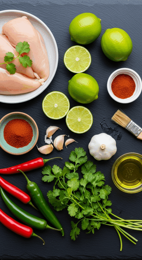 Overhead view of ingredients for spicy lime chicken: raw chicken, fresh limes, chili powder, fresh chilies, garlic, cilantro, and oil arranged on a slate surface.