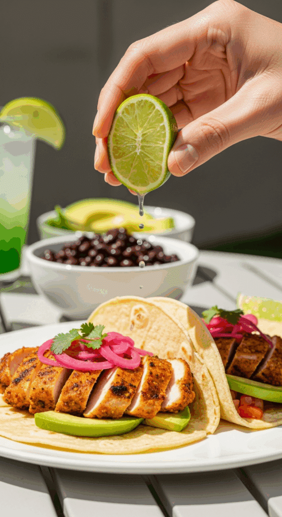A hand squeezing lime juice over spicy lime chicken tacos filled with avocado and pickled onions, set on an outdoor patio table.