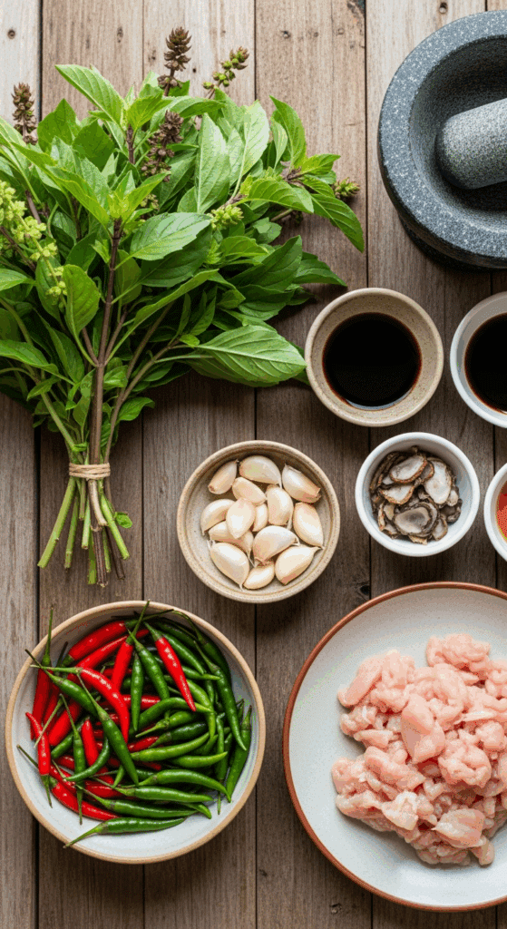 Raw ingredients for Thai Basil Chicken including holy basil, fresh chilies, minced chicken, and sauces.