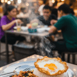 Pad Krapow Gai served on a metal plate in a busy Thai street food setting.