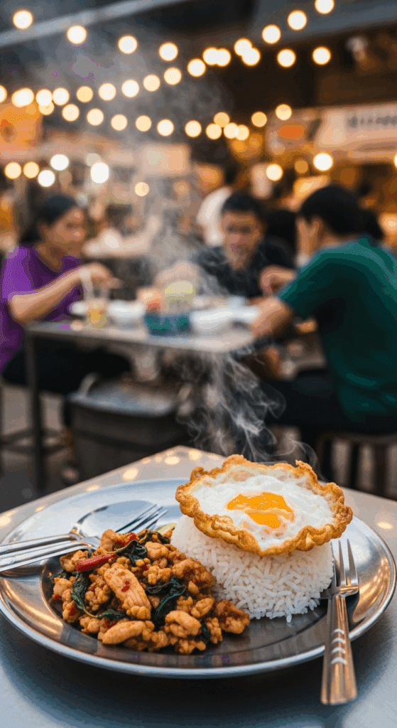 Pad Krapow Gai served on a metal plate in a busy Thai street food setting.