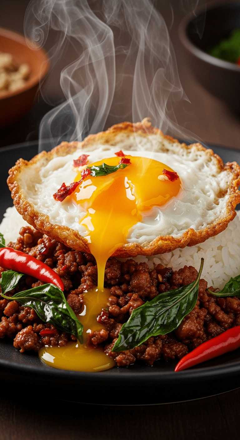 Close-up of Pad Krapow Gai over rice topped with a crispy fried egg with a runny yolk.