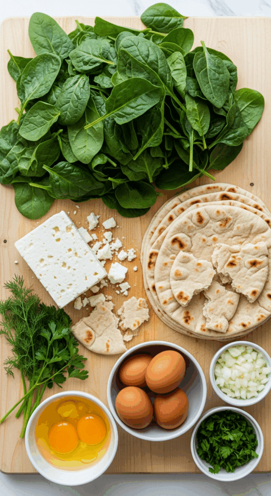 Ingredients for spinach pita bake including fresh spinach, feta cheese, pita bread, and eggs laid out on a wooden board.