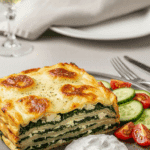 A square slice of Spinach and Feta Pita Bake served on a plate with tzatziki and a side salad.