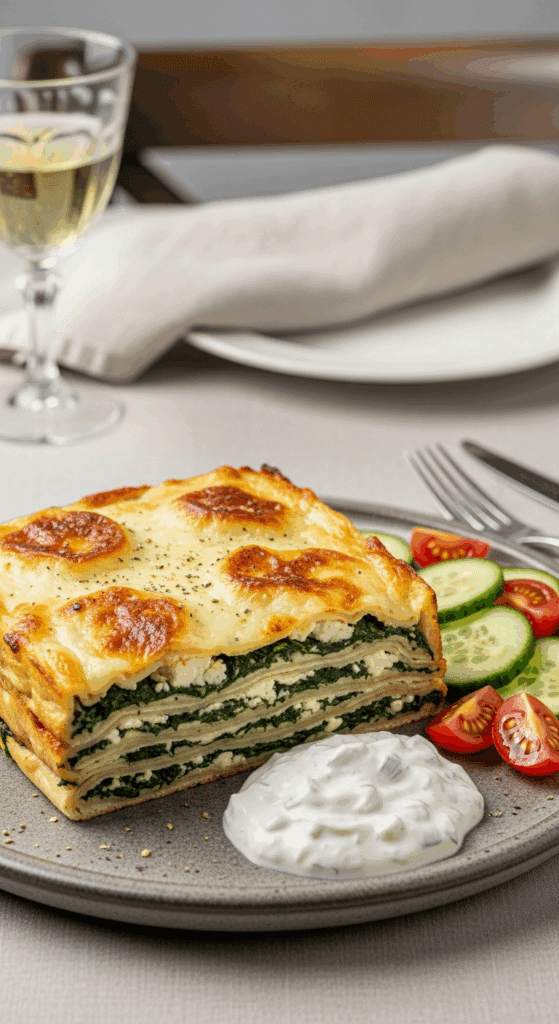 A square slice of Spinach and Feta Pita Bake served on a plate with tzatziki and a side salad.