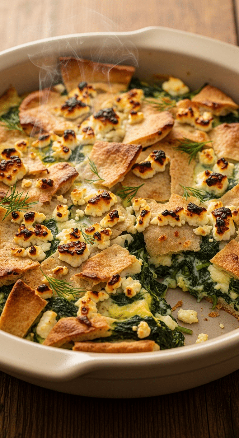 Close-up of a baked Spinach and Feta Pita casserole in a ceramic dish, showing crispy golden pita edges and melted cheese