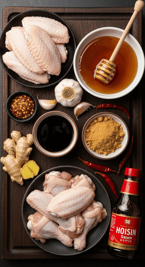 Overhead view of ingredients for sticky chicken wings: raw wings, honey, soy sauce, brown sugar, garlic, ginger, and chili flakes on a wooden board.