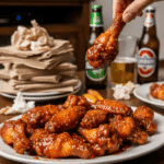 A hand holding a saucy sticky chicken wing at a casual party, with messy napkins and drinks in the background.