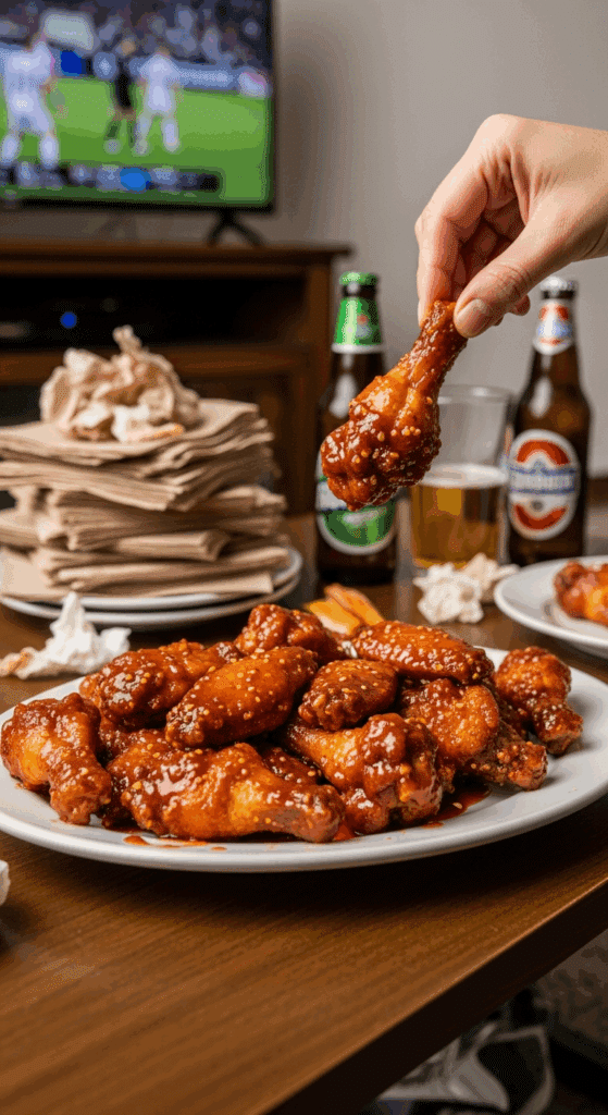 A hand holding a saucy sticky chicken wing at a casual party, with messy napkins and drinks in the background.