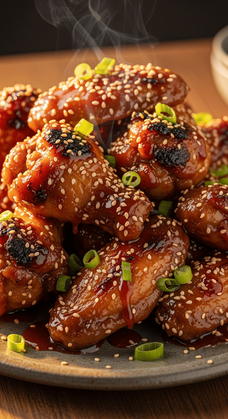 A close-up photograph of a pile of glossy, sticky chicken wings on a platter, garnished with sesame seeds and green onions, glistening under warm light.