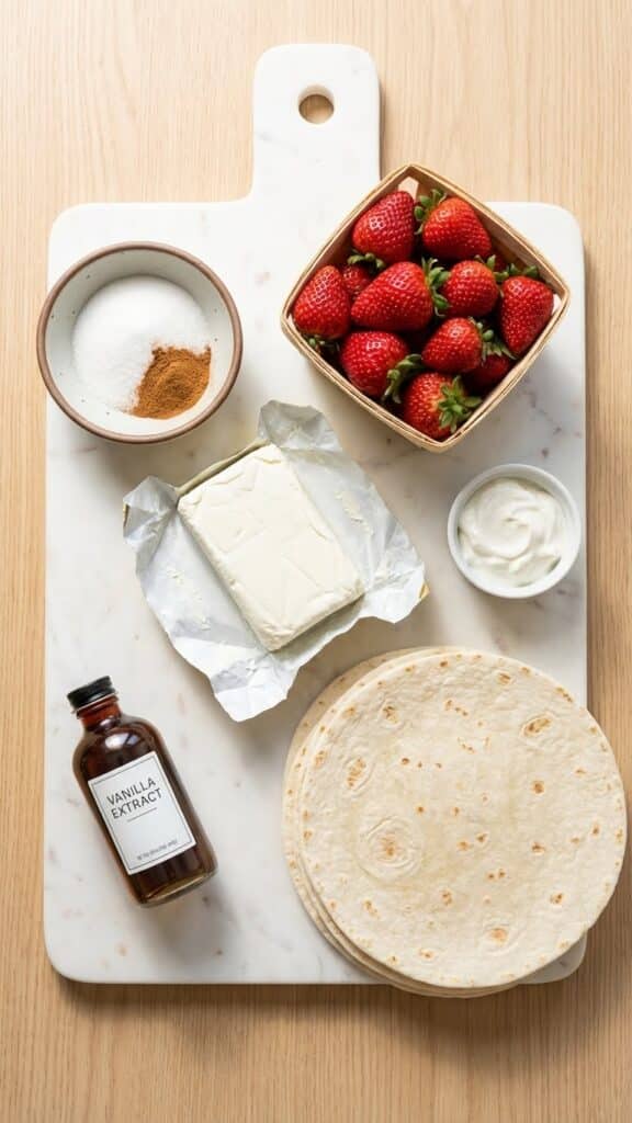Ingredients for strawberry chimichangas including tortillas, cream cheese, strawberries, and cinnamon sugar.
