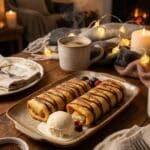 Strawberry cheesecake chimichangas served on a plate with chocolate drizzle and vanilla ice cream.