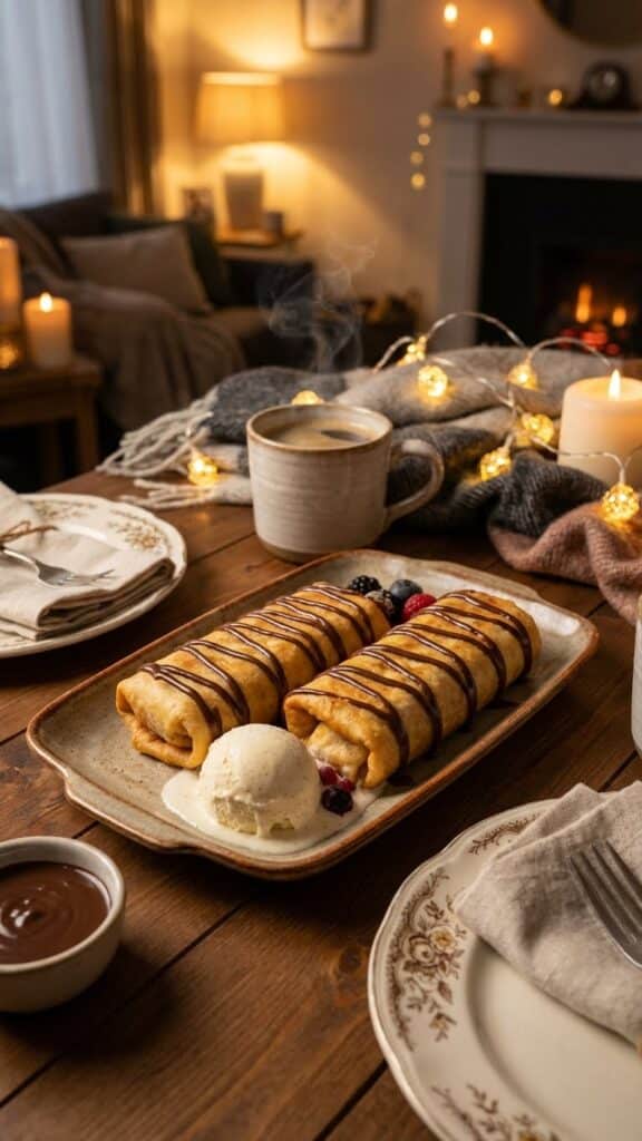Strawberry cheesecake chimichangas served on a plate with chocolate drizzle and vanilla ice cream.