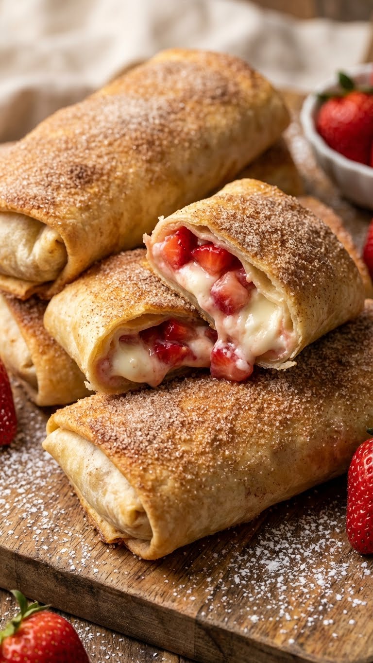 A stack of fried strawberry cheesecake rolls coated in cinnamon sugar with one cut open.