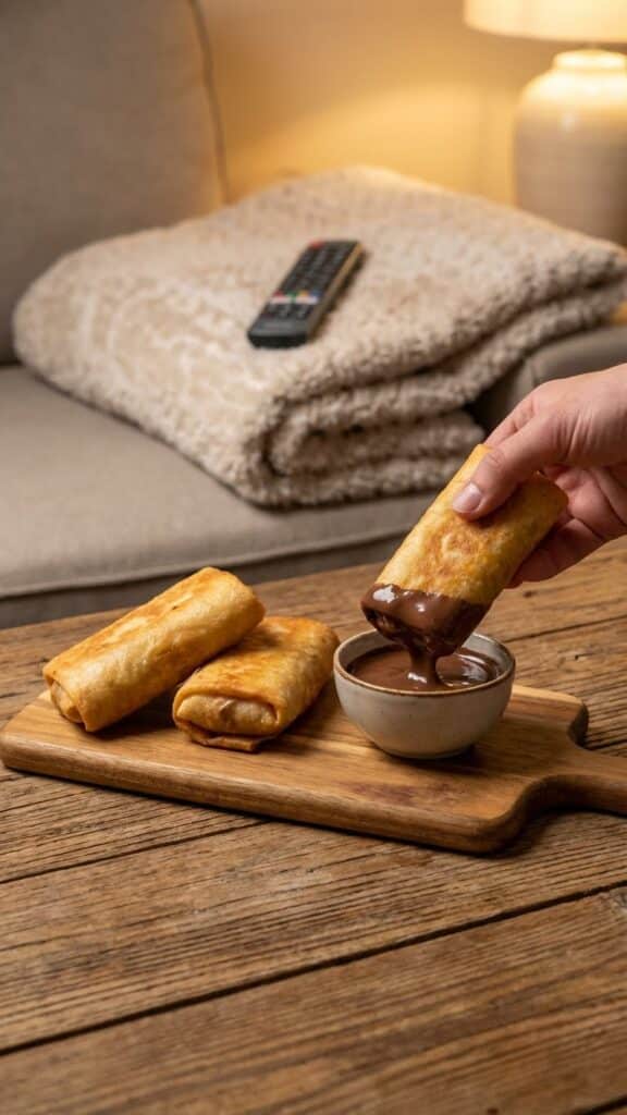 A hand dipping a strawberry cheesecake roll into chocolate sauce during movie night.